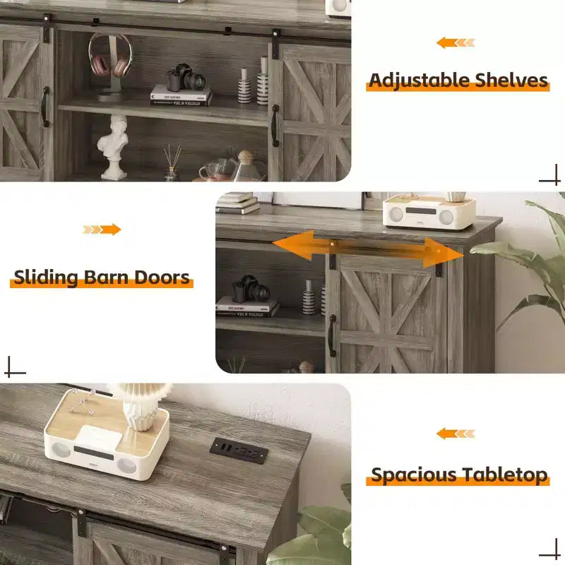 Farmhouse TV-Schrank für 75-Zoll-TV mit Scheunentüren, verstellbaren Regalböden und Aufbewahrungsschränken für das Wohnzimmer