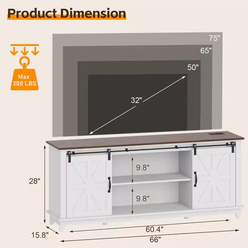 Farmhouse TV-Schrank für 75-Zoll-TV mit Scheunentüren, verstellbaren Regalböden und Aufbewahrungsschränken für das Wohnzimmer