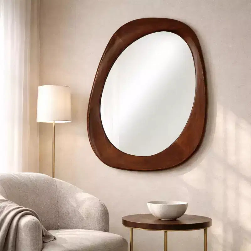 Dekorativer ovaler Wandspiegel aus Mangoholz für die Schlafzimmerdekoration – eleganter Wandakzent für Wohnheim, Schminktisch oder Wohnzimmergestaltung – 35, Braun & Tan
