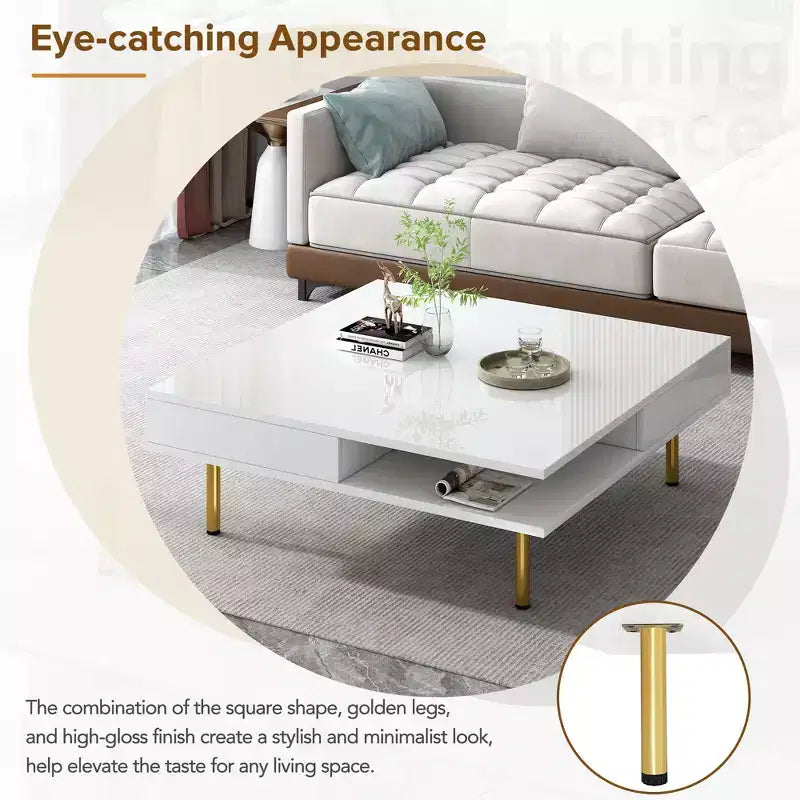 Quadratischer Couchtisch für das Wohnzimmer, Hochglanz Moderner Wohnzimmertisch, Weiß