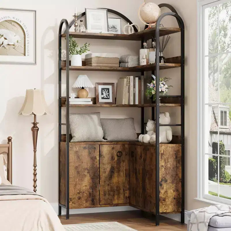 6-stöckiges Eckregal, Eckbücherregal mit Stauraum, rustikale L-förmige Bücherregale mit Schrank, für Wohnzimmer, Home Office, Retro