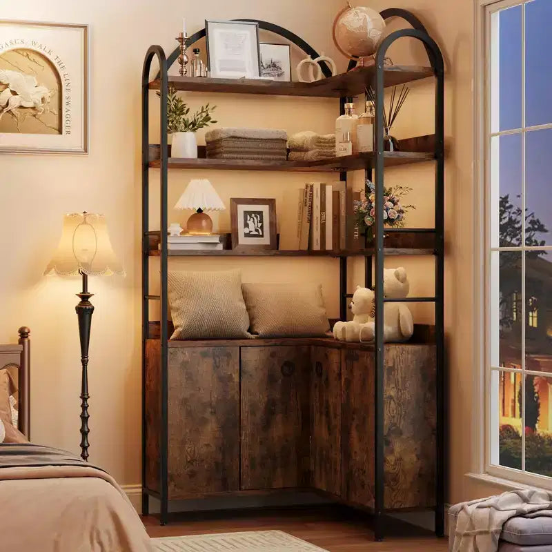 6-stöckiges Eckregal, Eckbücherregal mit Stauraum, rustikale L-förmige Bücherregale mit Schrank, für Wohnzimmer, Home Office, Retro