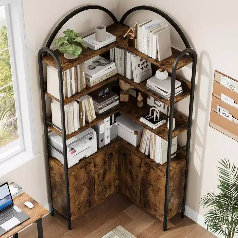 6-stöckiges Eckregal, Eckbücherregal mit Stauraum, rustikale L-förmige Bücherregale mit Schrank, für Wohnzimmer, Home Office, Retro