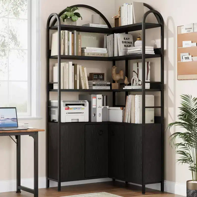 6-stöckiges Eckregal, Eckbücherregal mit Stauraum, rustikale L-förmige Bücherregale mit Schrank, für Wohnzimmer, Home Office, Retro