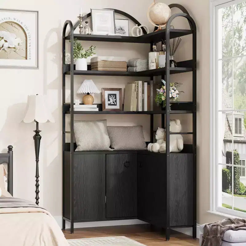 6-stöckiges Eckregal, Eckbücherregal mit Stauraum, rustikale L-förmige Bücherregale mit Schrank, für Wohnzimmer, Home Office, Retro