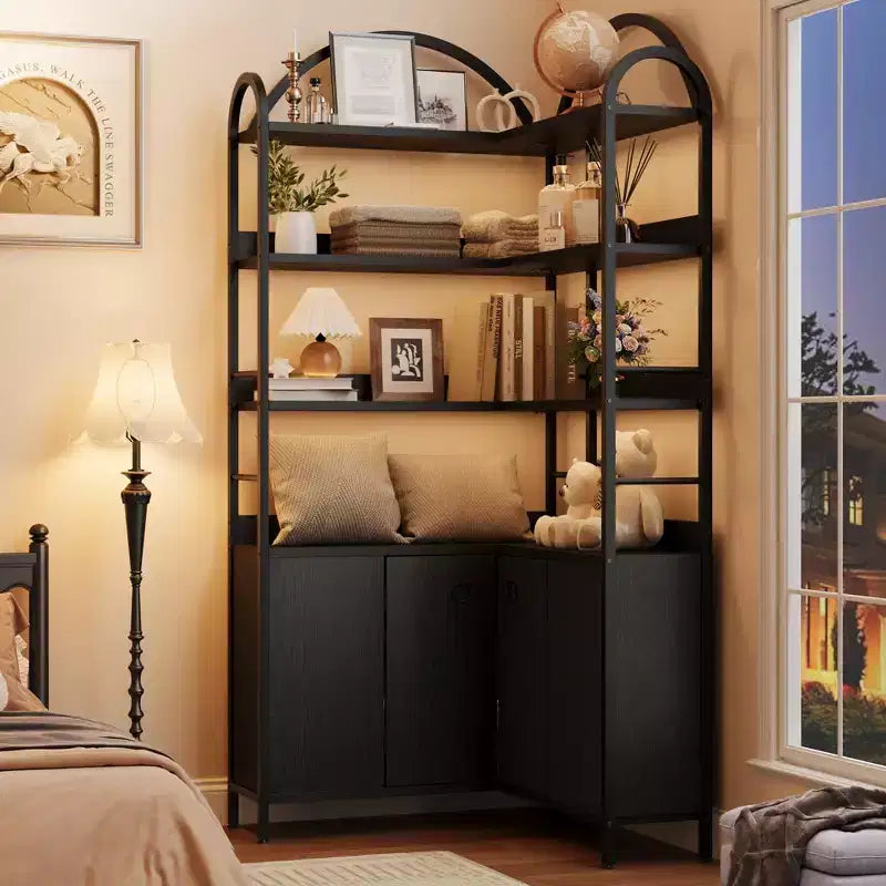 6-stöckiges Eckregal, Eckbücherregal mit Stauraum, rustikale L-förmige Bücherregale mit Schrank, für Wohnzimmer, Home Office, Retro