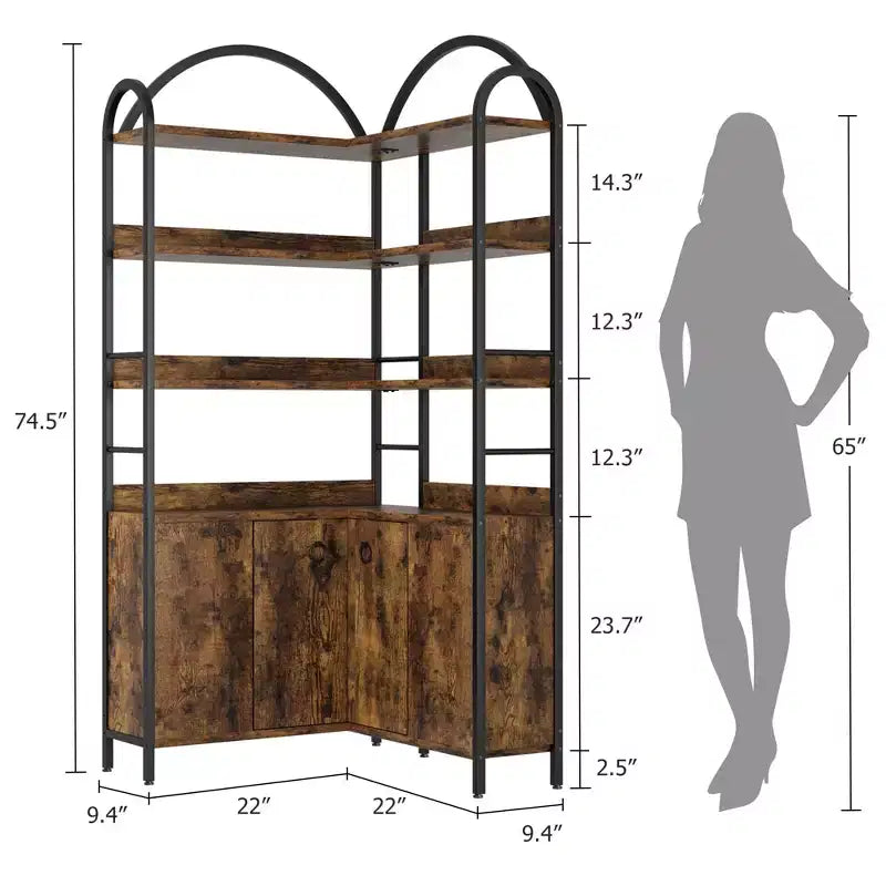 6-stöckiges Eckregal, Eckbücherregal mit Stauraum, rustikale L-förmige Bücherregale mit Schrank, für Wohnzimmer, Home Office, Retro