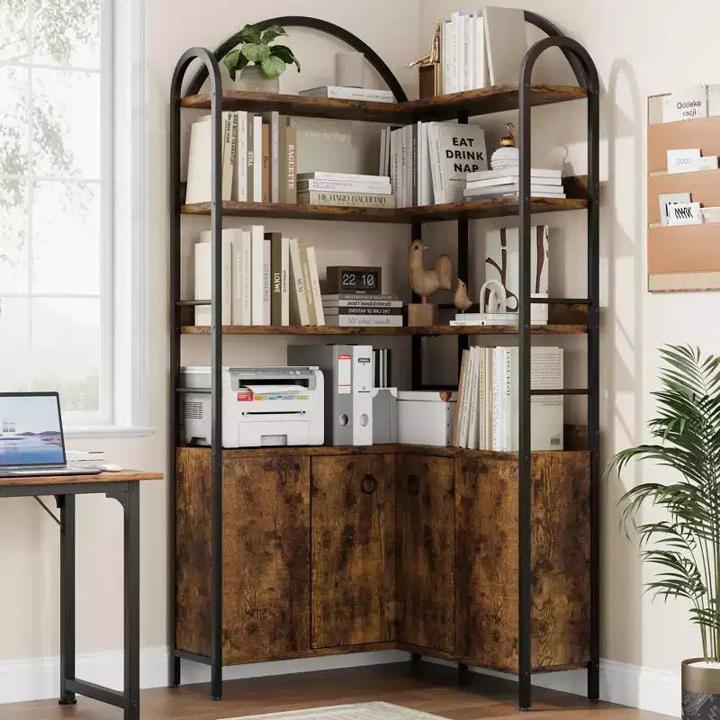 6-stöckiges Eckregal, Eckbücherregal mit Stauraum, rustikale L-förmige Bücherregale mit Schrank, für Wohnzimmer, Home Office, Retro