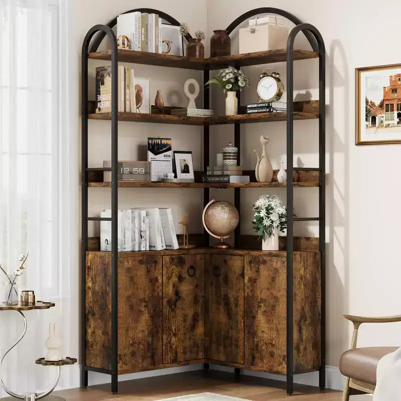 6-stöckiges Eckregal, Eckbücherregal mit Stauraum, rustikale L-förmige Bücherregale mit Schrank, für Wohnzimmer, Home Office, Retro