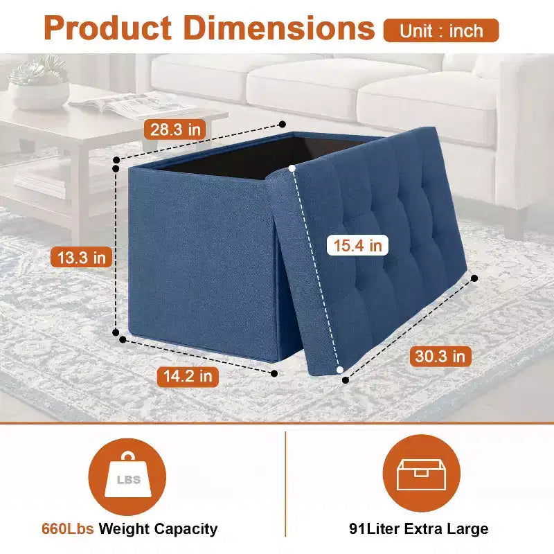 Klappbare Aufbewahrungsbank, 76 cm, 300 kg Tragkraft, gepolsterter Hocker für Wohnzimmer, Schlafzimmer, Eingangsbereich