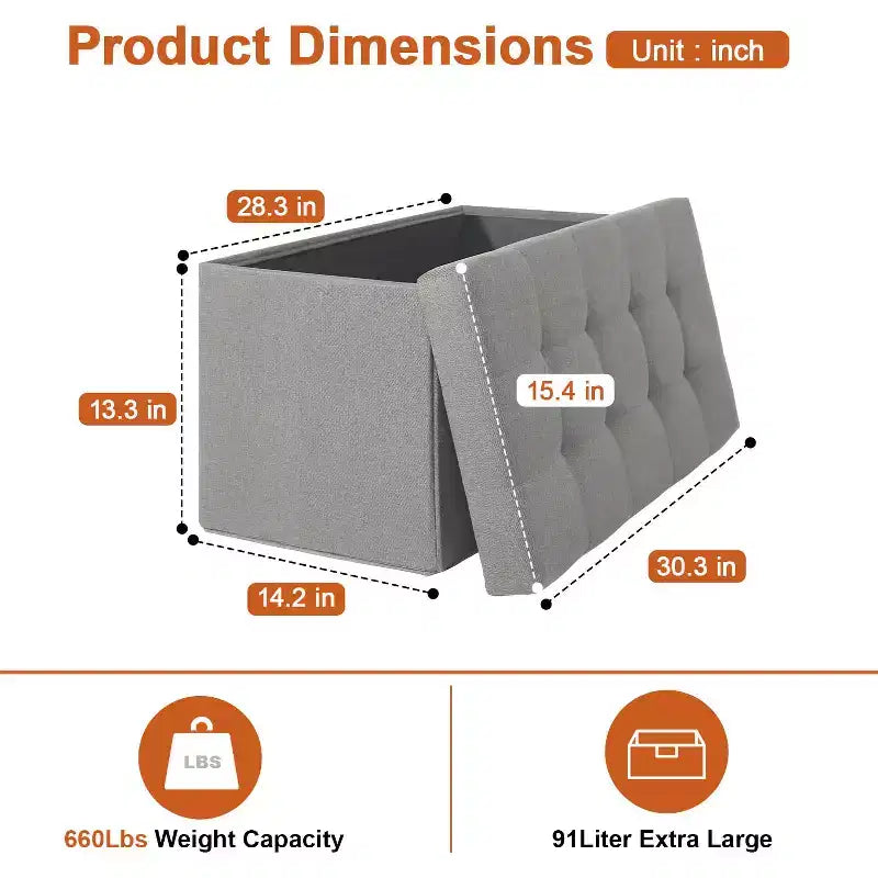 Klappbare Aufbewahrungsbank, 76 cm, 300 kg Tragkraft, gepolsterter Hocker für Wohnzimmer, Schlafzimmer, Eingangsbereich
