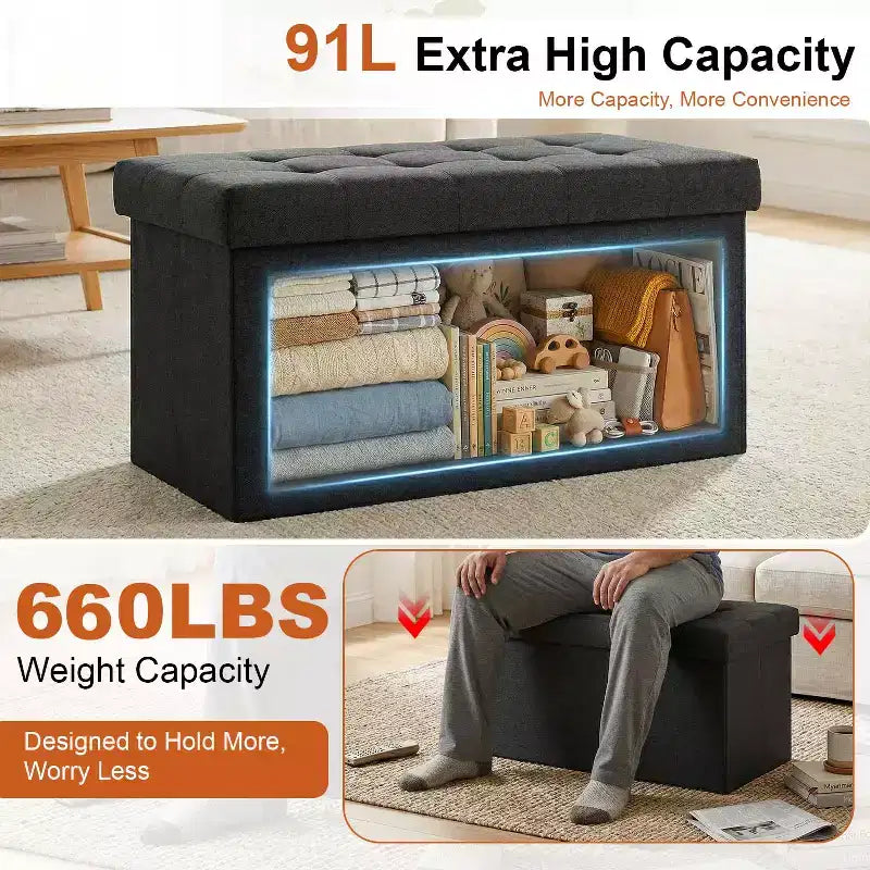 Klappbare Aufbewahrungsbank, 76 cm, 300 kg Tragkraft, gepolsterter Hocker für Wohnzimmer, Schlafzimmer, Eingangsbereich