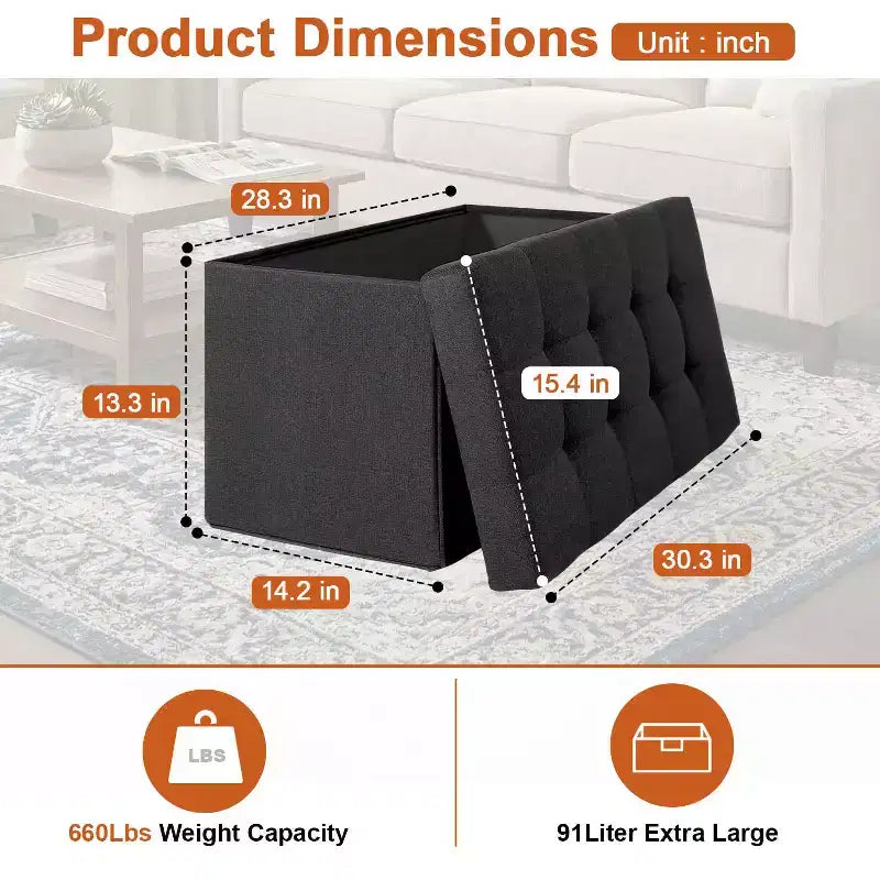 Klappbare Aufbewahrungsbank, 76 cm, 300 kg Tragkraft, gepolsterter Hocker für Wohnzimmer, Schlafzimmer, Eingangsbereich