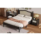 Queensize-Plattformbett aus Holz mit natürlichem Rattan-Kopfteil, Vintage-Bettgestell mit Lattenrost, Schwarz