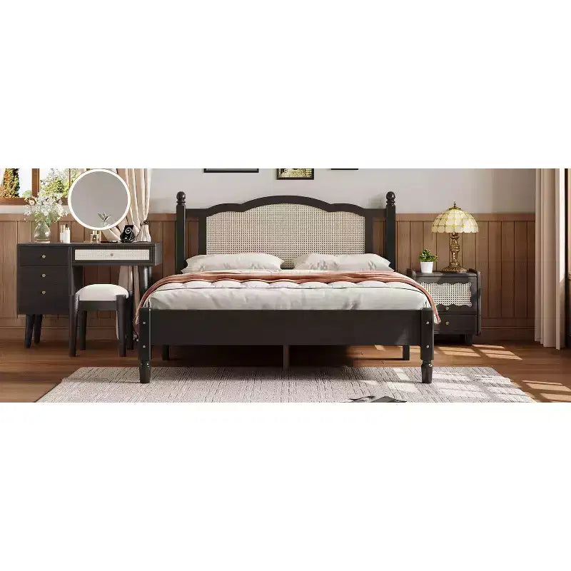 Queensize-Plattformbett aus Holz mit natürlichem Rattan-Kopfteil, Vintage-Bettgestell mit Lattenrost, Schwarz