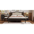Queensize-Plattformbett aus Holz mit natürlichem Rattan-Kopfteil, Vintage-Bettgestell mit Lattenrost, Schwarz