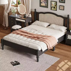Queensize-Plattformbett aus Holz mit natürlichem Rattan-Kopfteil, Vintage-Bettgestell mit Lattenrost, Schwarz
