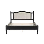 Queensize-Plattformbett aus Holz mit natürlichem Rattan-Kopfteil, Vintage-Bettgestell mit Lattenrost, Schwarz