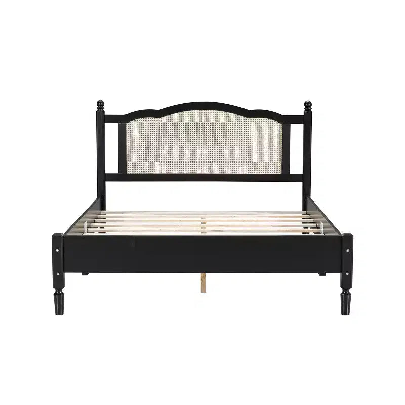 Queensize-Plattformbett aus Holz mit natürlichem Rattan-Kopfteil, Vintage-Bettgestell mit Lattenrost, Schwarz