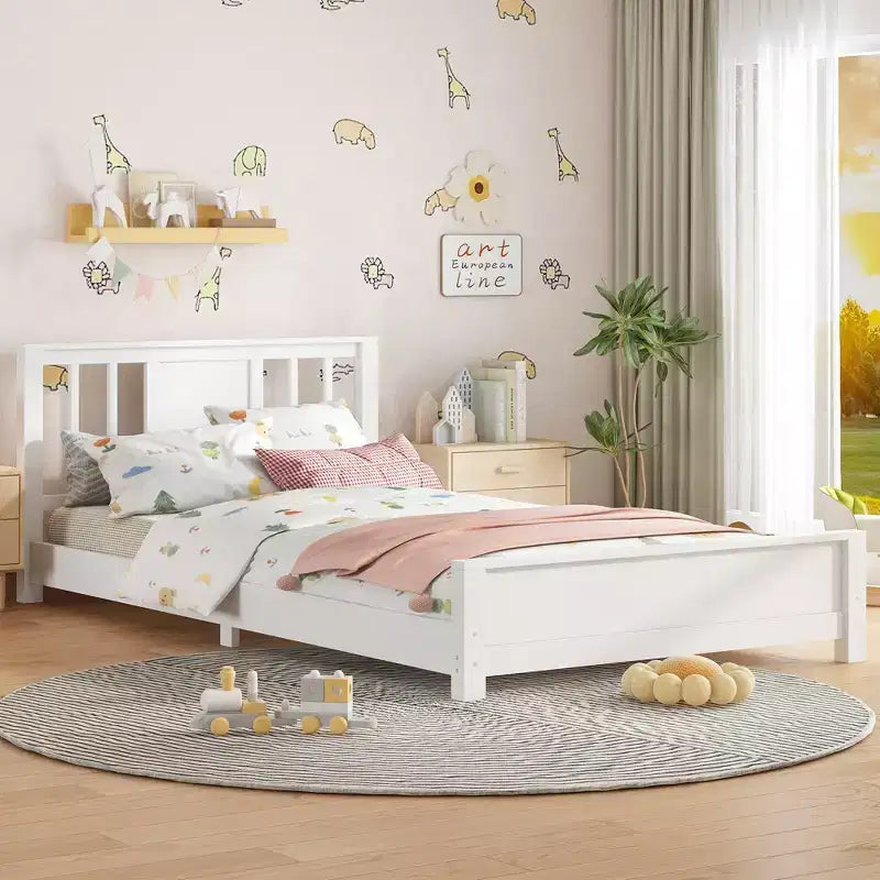 Doppel-Plattformbett mit Kopfteil, Massivholz-Plattformbettrahmen mit niedrigem Profil und Stützlatten für das Schlafzimmer