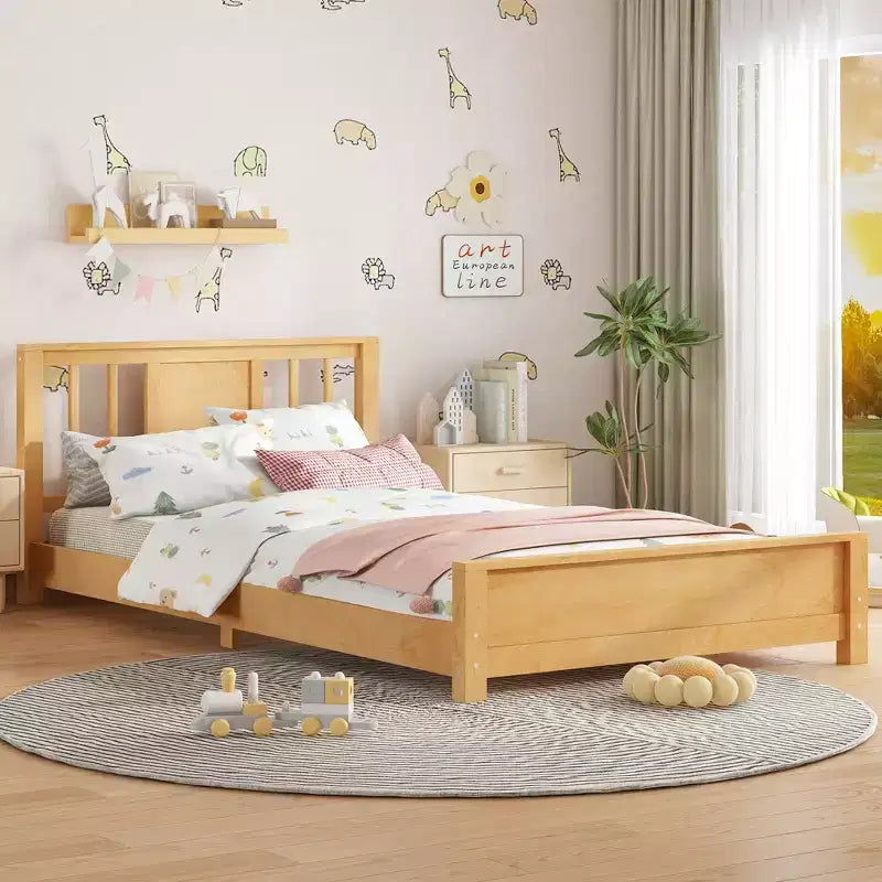Doppel-Plattformbett mit Kopfteil, Massivholz-Plattformbettrahmen mit niedrigem Profil und Stützlatten für das Schlafzimmer
