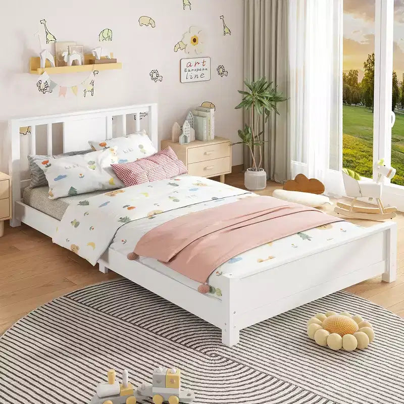 Doppel-Plattformbett mit Kopfteil, Massivholz-Plattformbettrahmen mit niedrigem Profil und Stützlatten für das Schlafzimmer