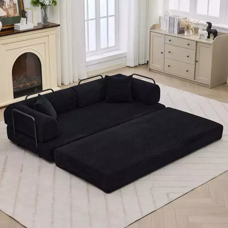 Cabrio Schlafsofa 79 Zoll, 4-in-1 Knochenloses Cord-Klappsofa mit Kissen und fester Form, Bodenmatratze Couch Zweisitzersofa schwarz