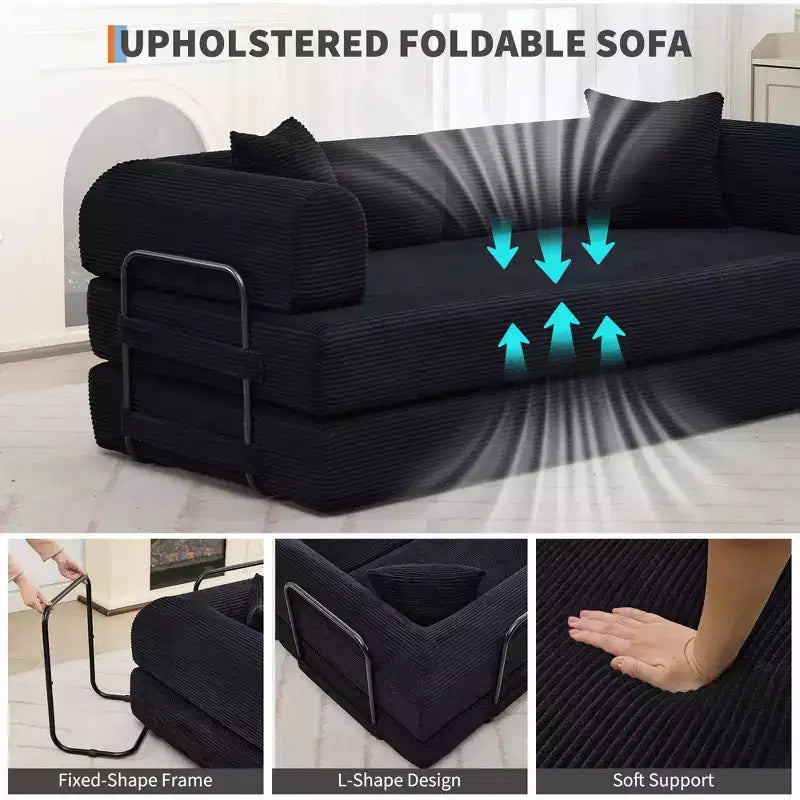 Cabrio Schlafsofa 79 Zoll, 4-in-1 Knochenloses Cord-Klappsofa mit Kissen und fester Form, Bodenmatratze Couch Zweisitzersofa schwarz