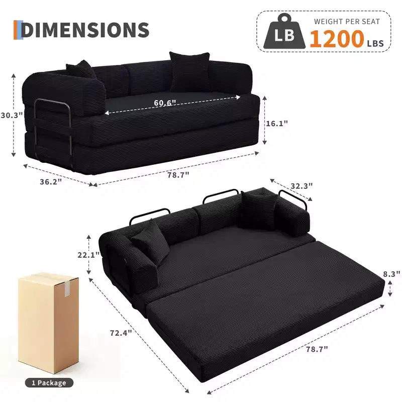 Cabrio Schlafsofa 79 Zoll, 4-in-1 Knochenloses Cord-Klappsofa mit Kissen und fester Form, Bodenmatratze Couch Zweisitzersofa schwarz
