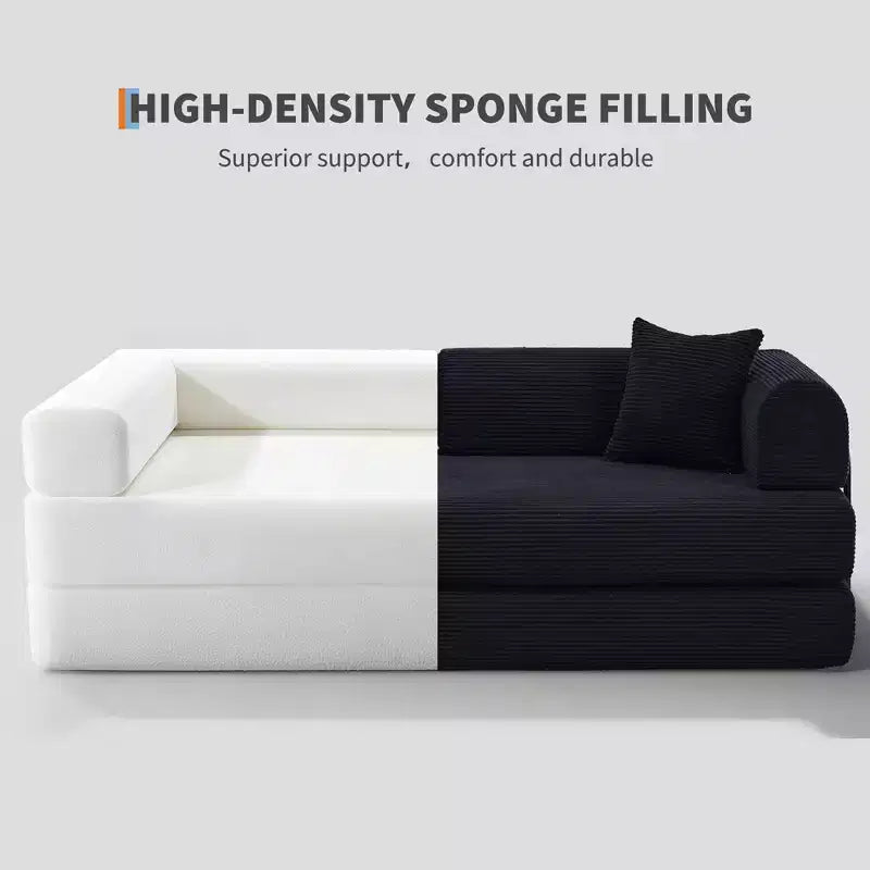 Cabrio Schlafsofa 79 Zoll, 4-in-1 Knochenloses Cord-Klappsofa mit Kissen und fester Form, Bodenmatratze Couch Zweisitzersofa schwarz