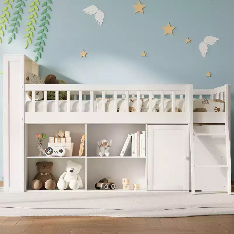 Voll/Queen Low-Loftbett mit Stauraum & LED-Kopfteil, Holz-Loftbett mit Stauraumbücherregal, Regalen und Absturzsicherungen für Kinder