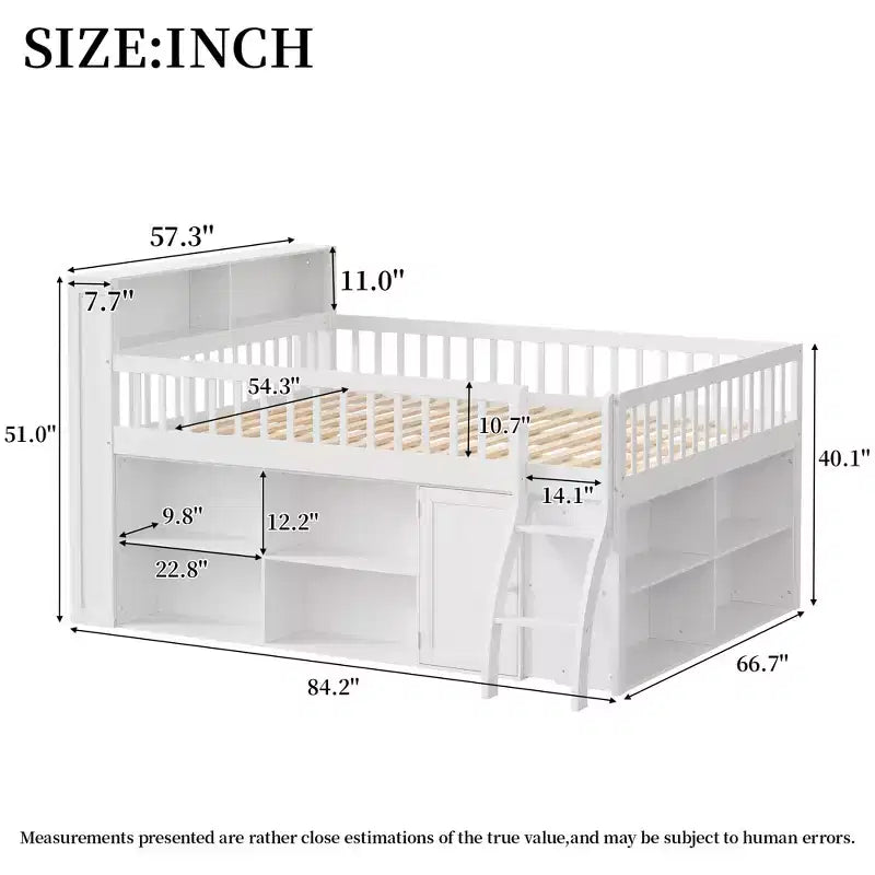 Voll/Queen Low-Loftbett mit Stauraum & LED-Kopfteil, Holz-Loftbett mit Stauraumbücherregal, Regalen und Absturzsicherungen für Kinder