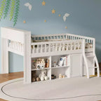 Voll/Queen Low-Loftbett mit Stauraum & LED-Kopfteil, Holz-Loftbett mit Stauraumbücherregal, Regalen und Absturzsicherungen für Kinder