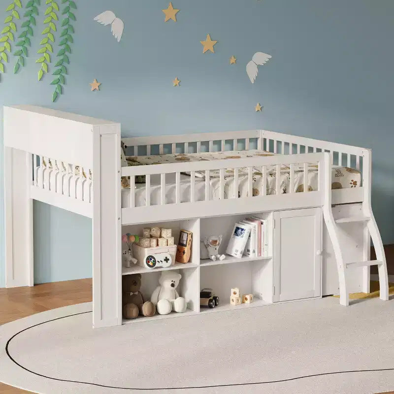 Voll/Queen Low-Loftbett mit Stauraum & LED-Kopfteil, Holz-Loftbett mit Stauraumbücherregal, Regalen und Absturzsicherungen für Kinder