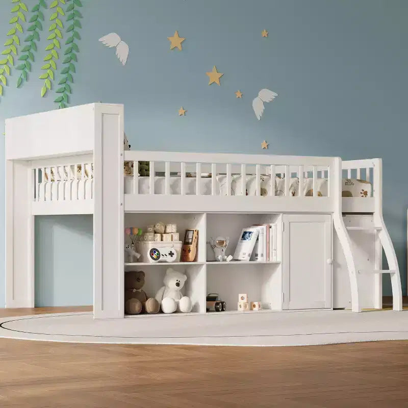 Voll/Queen Low-Loftbett mit Stauraum & LED-Kopfteil, Holz-Loftbett mit Stauraumbücherregal, Regalen und Absturzsicherungen für Kinder