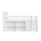 Voll/Queen Low-Loftbett mit Stauraum & LED-Kopfteil, Holz-Loftbett mit Stauraumbücherregal, Regalen und Absturzsicherungen für Kinder