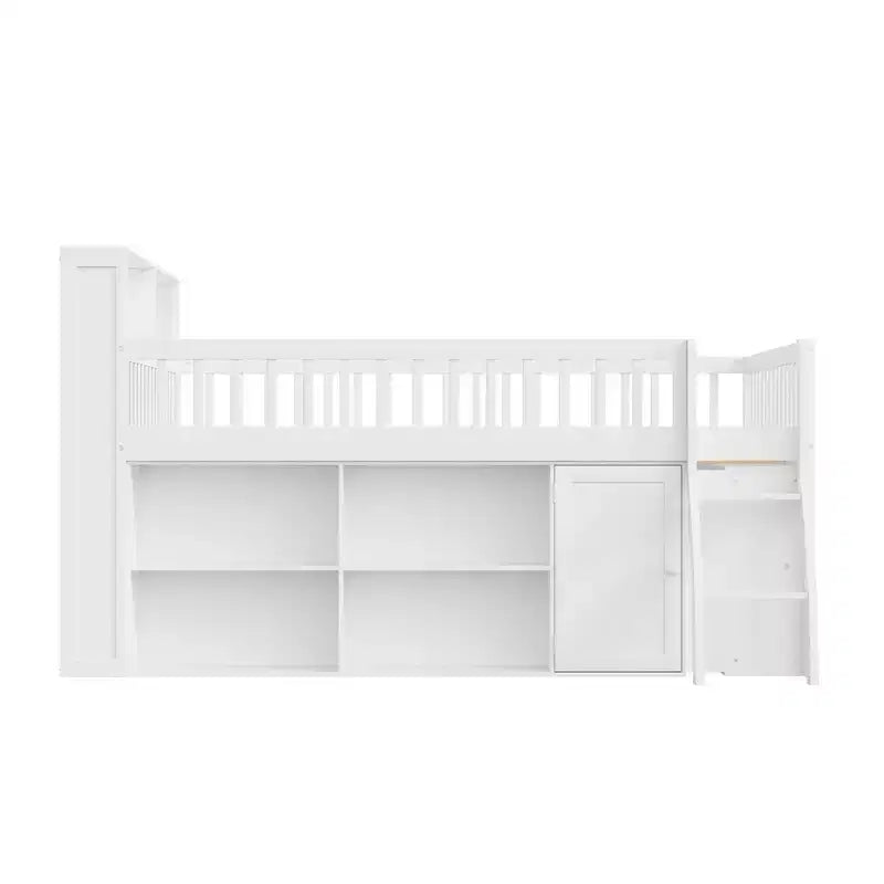 Voll/Queen Low-Loftbett mit Stauraum & LED-Kopfteil, Holz-Loftbett mit Stauraumbücherregal, Regalen und Absturzsicherungen für Kinder