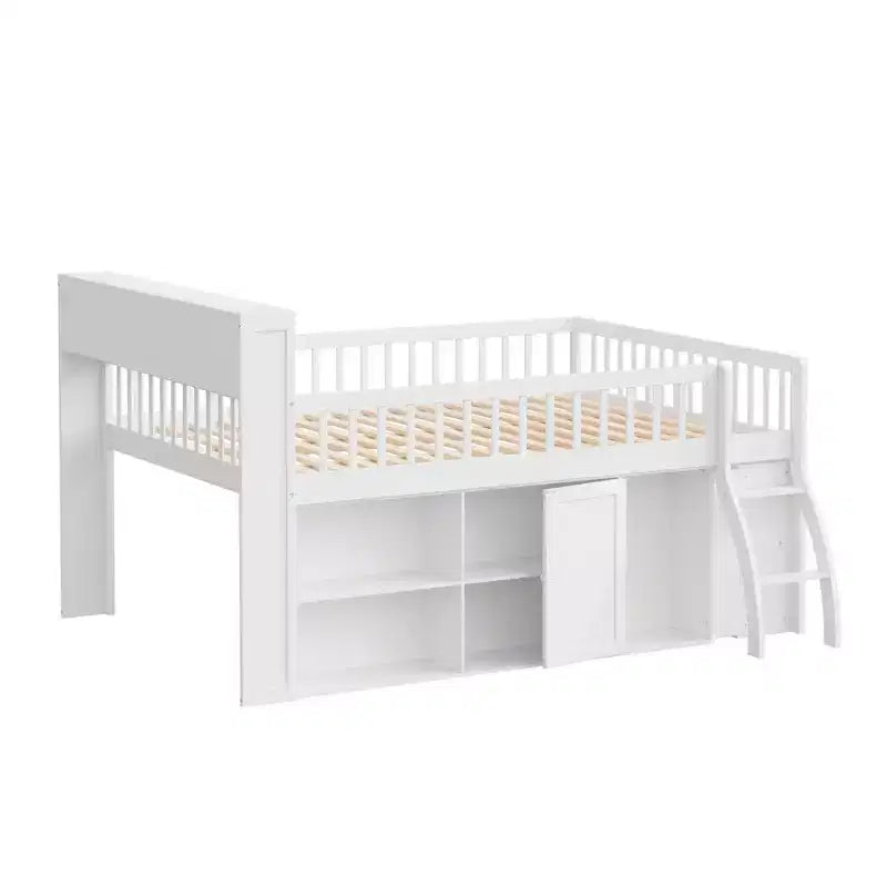 Voll/Queen Low-Loftbett mit Stauraum & LED-Kopfteil, Holz-Loftbett mit Stauraumbücherregal, Regalen und Absturzsicherungen für Kinder