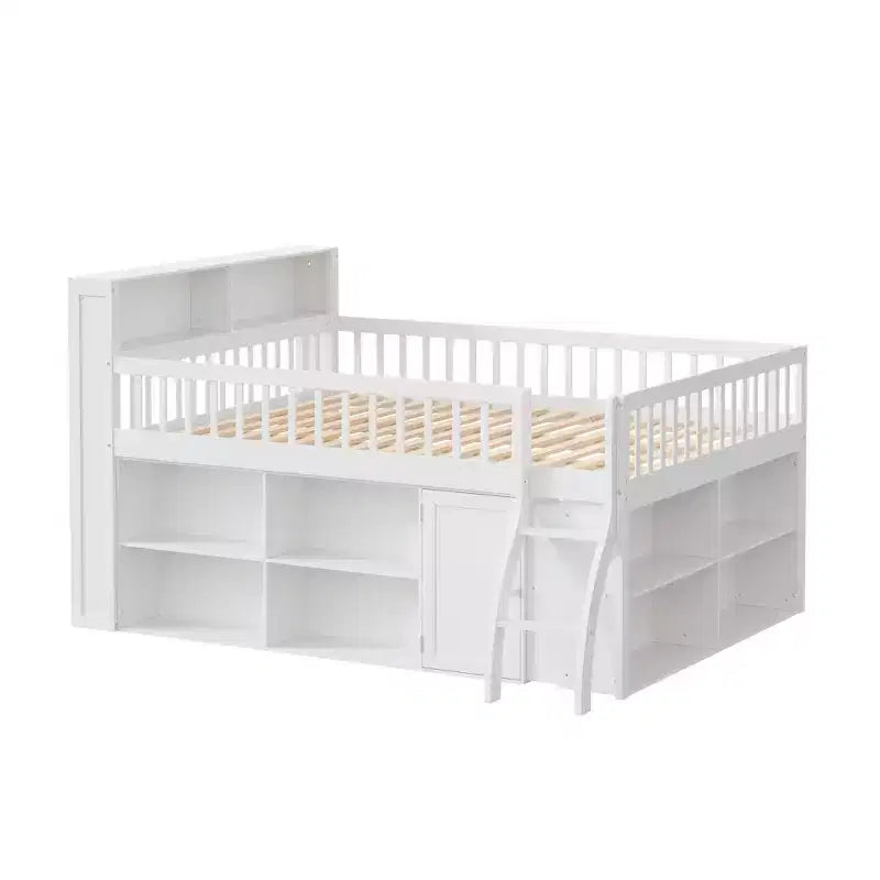 Voll/Queen Low-Loftbett mit Stauraum & LED-Kopfteil, Holz-Loftbett mit Stauraumbücherregal, Regalen und Absturzsicherungen für Kinder