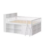 Voll/Queen Low-Loftbett mit Stauraum & LED-Kopfteil, Holz-Loftbett mit Stauraumbücherregal, Regalen und Absturzsicherungen für Kinder