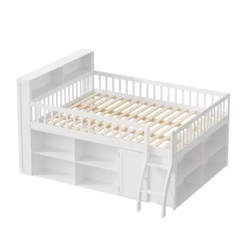 Voll/Queen Low-Loftbett mit Stauraum & LED-Kopfteil, Holz-Loftbett mit Stauraumbücherregal, Regalen und Absturzsicherungen für Kinder