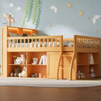 Voll/Queen Low-Loftbett mit Stauraum & LED-Kopfteil, Holz-Loftbett mit Stauraumbücherregal, Regalen und Absturzsicherungen für Kinder