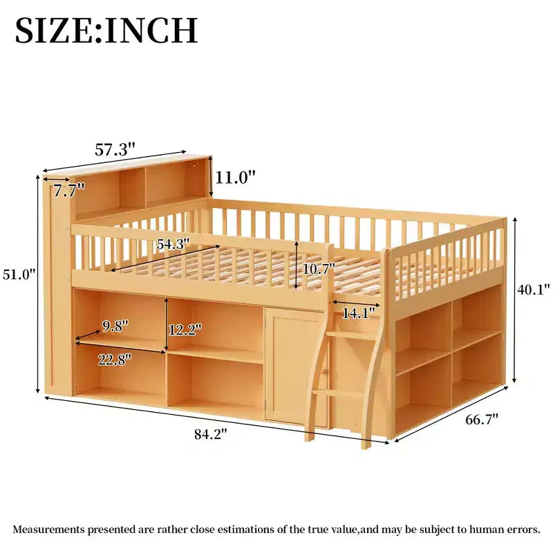 Voll/Queen Low-Loftbett mit Stauraum & LED-Kopfteil, Holz-Loftbett mit Stauraumbücherregal, Regalen und Absturzsicherungen für Kinder