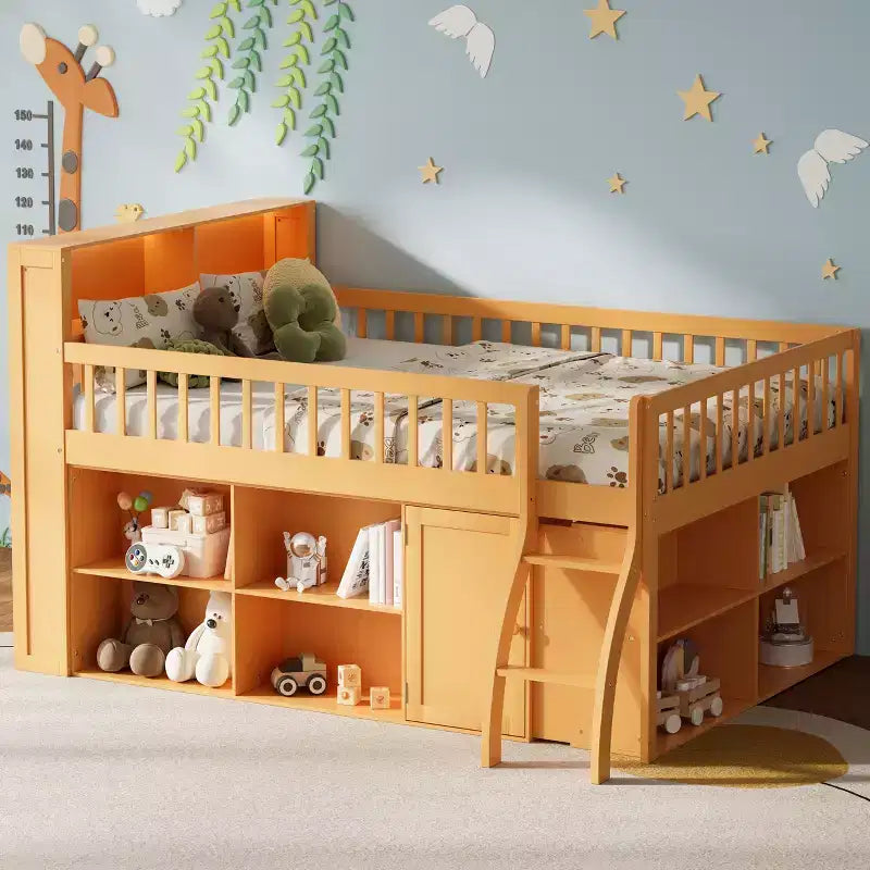 Voll/Queen Low-Loftbett mit Stauraum & LED-Kopfteil, Holz-Loftbett mit Stauraumbücherregal, Regalen und Absturzsicherungen für Kinder