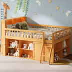 Voll/Queen Low-Loftbett mit Stauraum & LED-Kopfteil, Holz-Loftbett mit Stauraumbücherregal, Regalen und Absturzsicherungen für Kinder