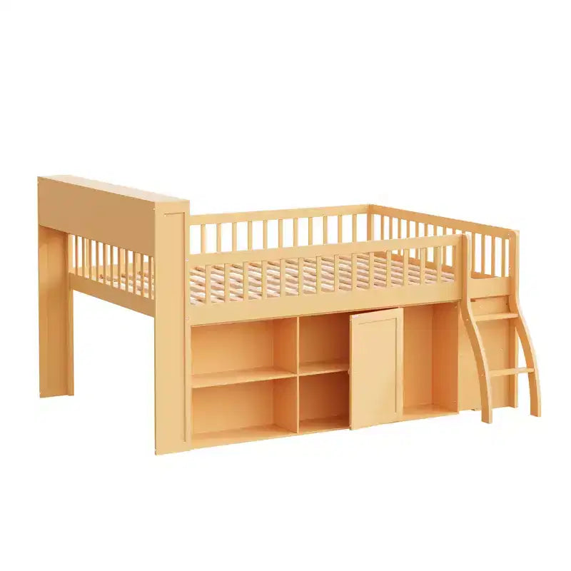Voll/Queen Low-Loftbett mit Stauraum & LED-Kopfteil, Holz-Loftbett mit Stauraumbücherregal, Regalen und Absturzsicherungen für Kinder