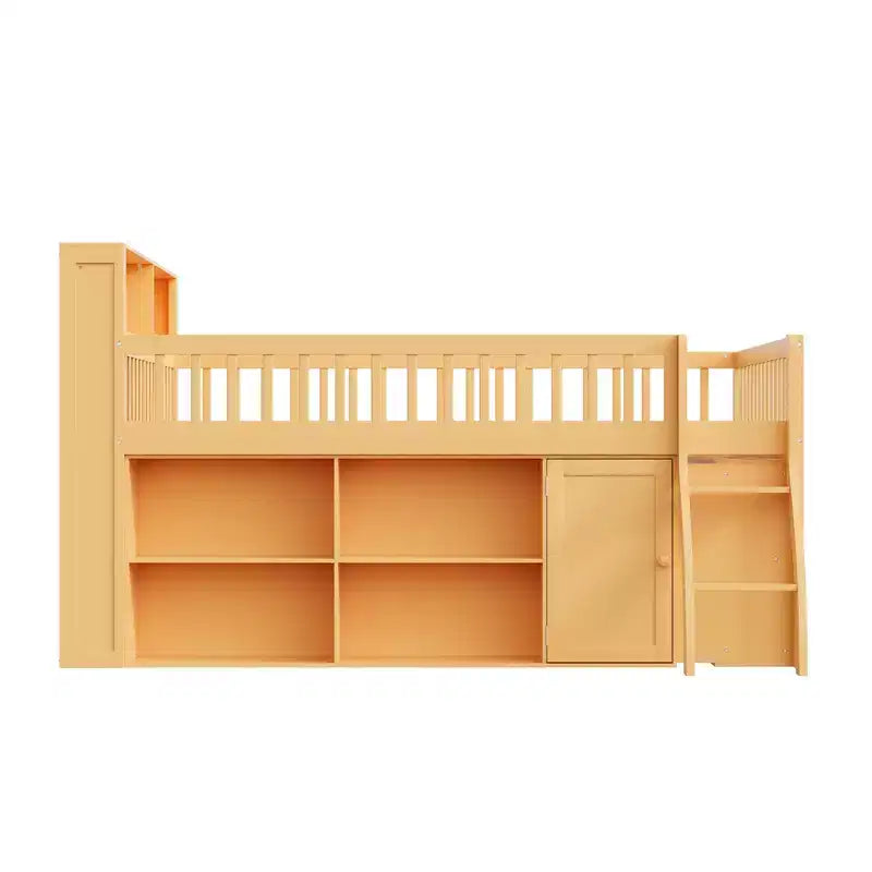 Voll/Queen Low-Loftbett mit Stauraum & LED-Kopfteil, Holz-Loftbett mit Stauraumbücherregal, Regalen und Absturzsicherungen für Kinder