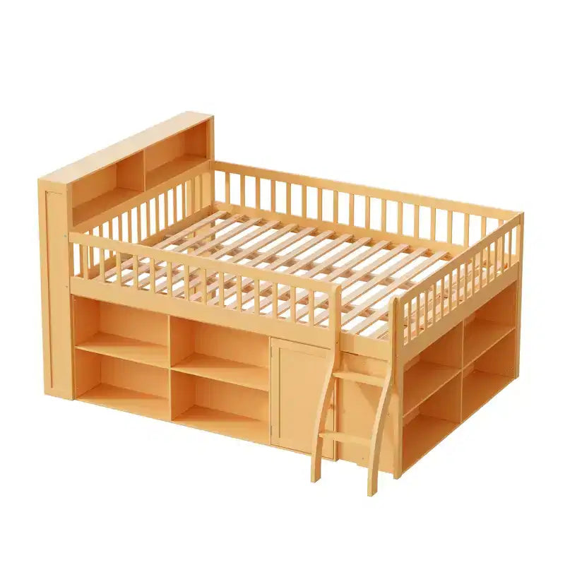 Voll/Queen Low-Loftbett mit Stauraum & LED-Kopfteil, Holz-Loftbett mit Stauraumbücherregal, Regalen und Absturzsicherungen für Kinder