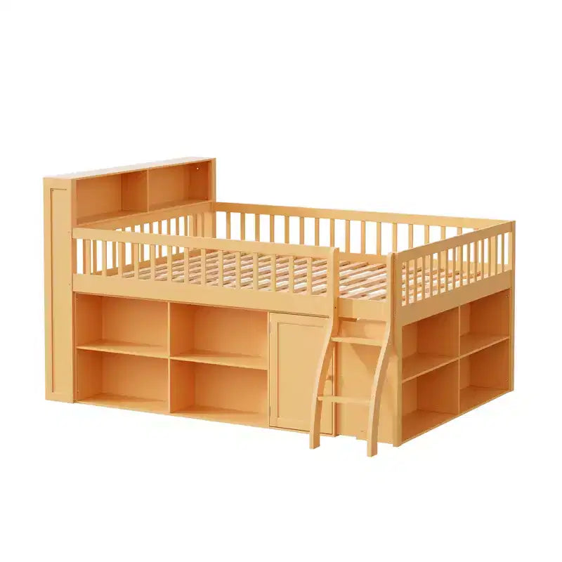 Voll/Queen Low-Loftbett mit Stauraum & LED-Kopfteil, Holz-Loftbett mit Stauraumbücherregal, Regalen und Absturzsicherungen für Kinder