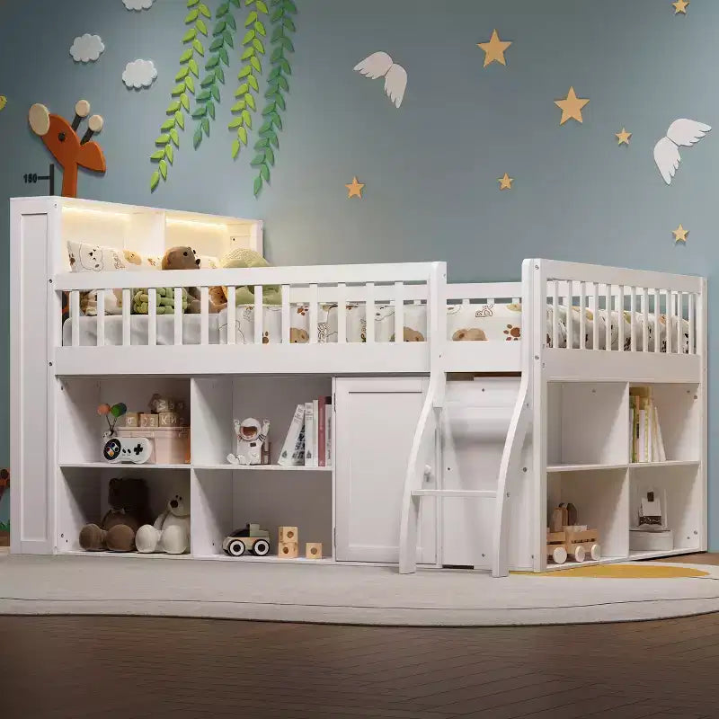 Voll/Queen Low-Loftbett mit Stauraum & LED-Kopfteil, Holz-Loftbett mit Stauraumbücherregal, Regalen und Absturzsicherungen für Kinder